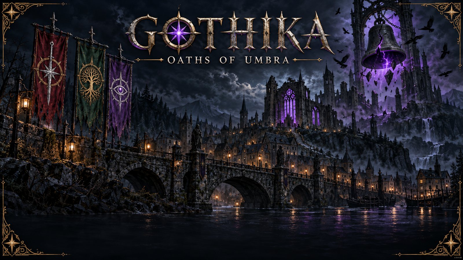 Gothika: Oaths of Umbra. Blackwood Crossing at night under the broken Black Bell, with the banners of the Iron, Verdant and Veiled Orders.